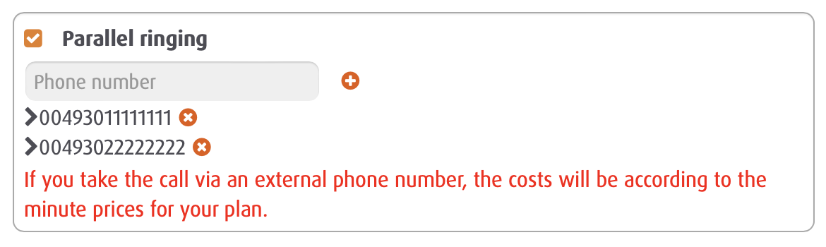 Parallel call settings in the Easybell customer portal with two external numbers