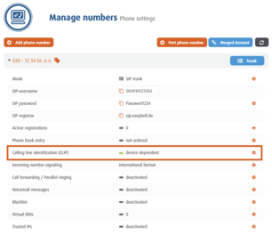 Easybell customer portal in trunk mode with highlighted CLIP setting “device-dependent” in phone number management