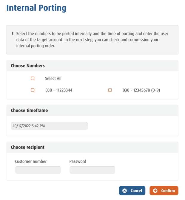 interface for internal number porting with selection of numbers, date, and target account
