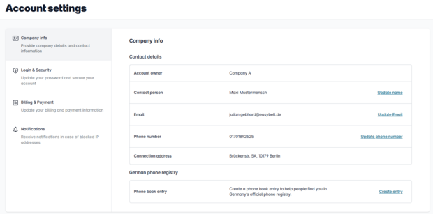 Company account information with contact details and phone directory entry