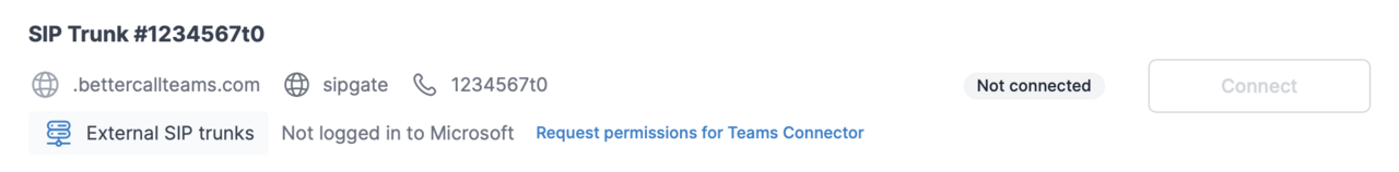 Teams Connector settings for externe SIP Trunk with option to request Microsoft permissions
