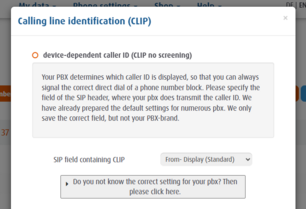 Easybell settings page for trunk caller ID with CLIP no screening via SIP field From-Display