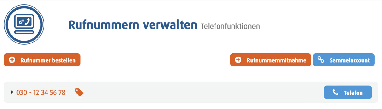 Easybell Kundenportal mit Rufnummernverwaltung und aktivierter Telefonfunktion für eine Nebenstelle