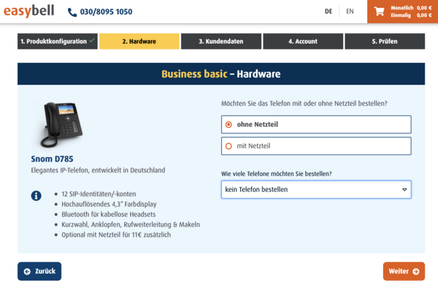 Hardware-Auswahl im Easybell-Bestellprozess mit Snom D785 IP-Telefon und Optionen für Netzteil und Stückzahl