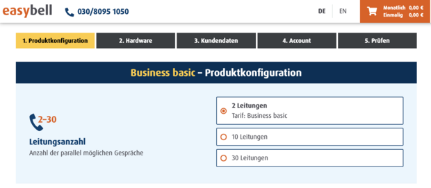 Auswahl der Leitungsanzahl im Easybell-Bestellprozess für Business basic mit Optionen für 2, 10 oder 30 Leitungen