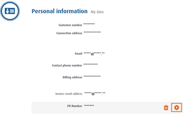 Personal data with completed reference number and trash can icon for deleting and cogwheel icon for editing