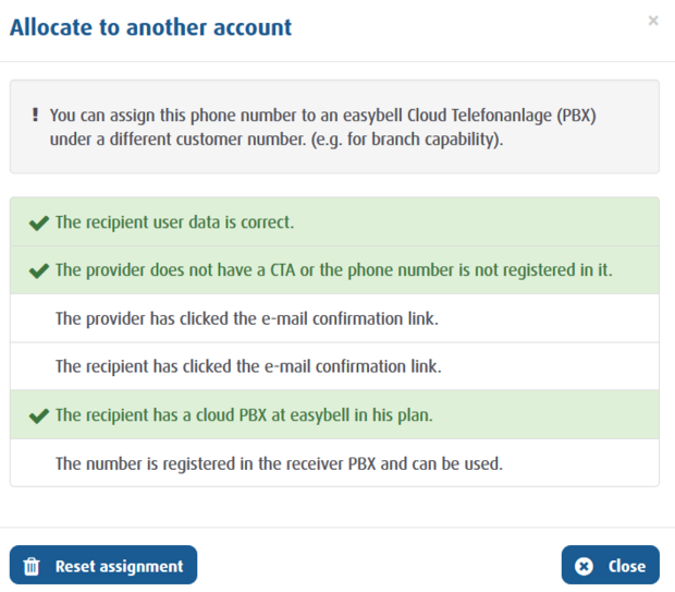 Status overview for assigning a phone number to another customer account in the Easybell customer portal with confirmation steps