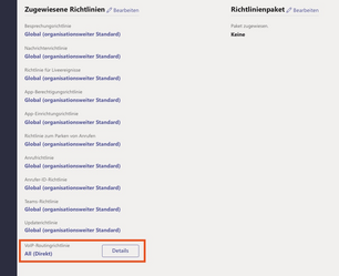Microsoft Teams Admin Center mit Übersicht zu global zugewiesenen Richtlinien, darunter VoIP-Routingrichtlinie