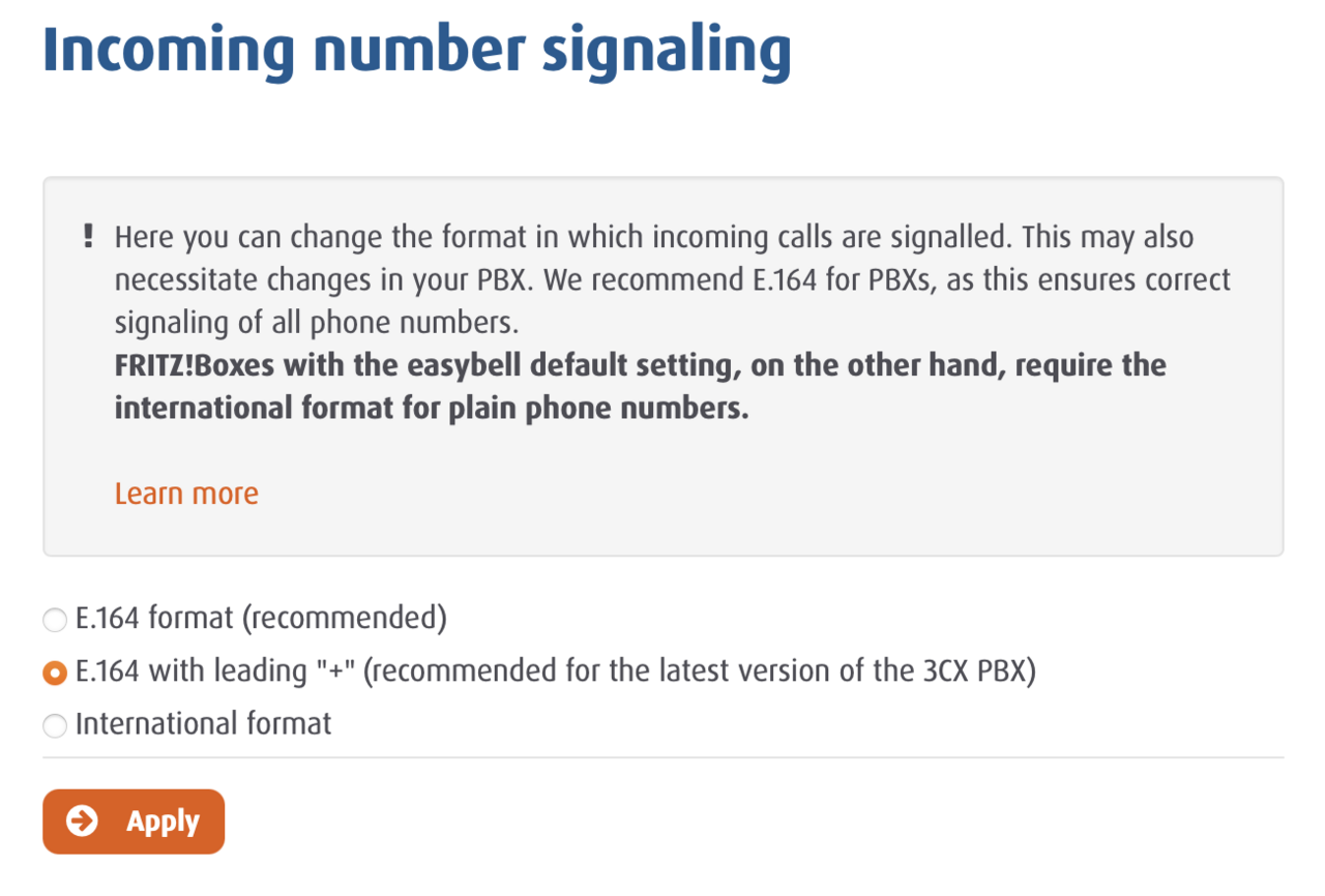 Easybell settings page for incoming caller ID signaling with options for E.164 and international formats