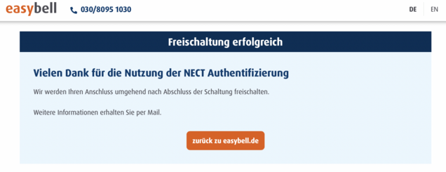 Easybell-Bestätigung zur erfolgreichen NECT-Freischaltung mit Hinweis auf Anschlussaktivierung