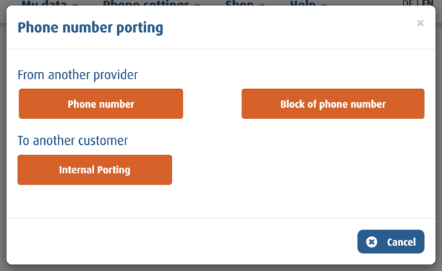 porting dialog with options for external single numbers, number blocks, and internal porting