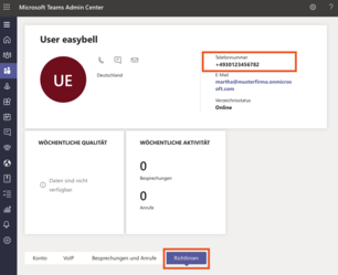Benutzerprofil im Microsoft Teams Admin Center mit Aktivitätenübersicht, Telefonnummer, E-Mail und Richtlinien