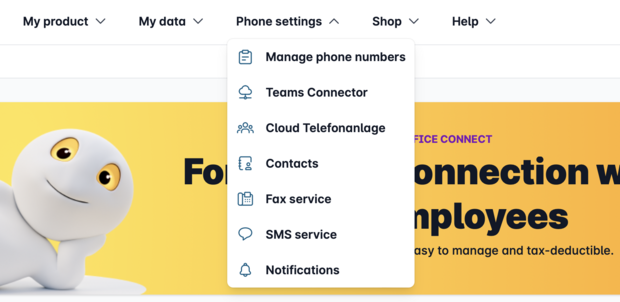 “Telephone functions” dropdown menu with options like manage phone numbers, Teams Connector, cloud telephone system, and more