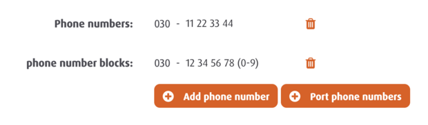 interface for managing phone numbers and number blocks with options to add or port numbers