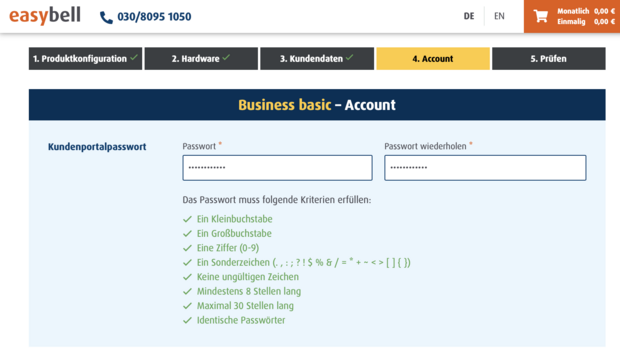 Passwortvergabe für Account im Bestellprozess für Business basic 
