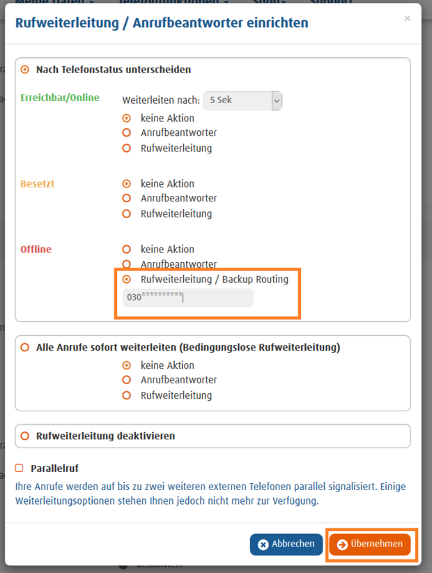 Easybell Kundenportal mit aktivierter Rufweiterleitung bei Offline-Status und Backup-Routing