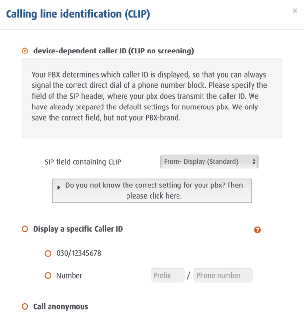Settings page in Easybell portal with options for caller ID, custom number display, and number suppression