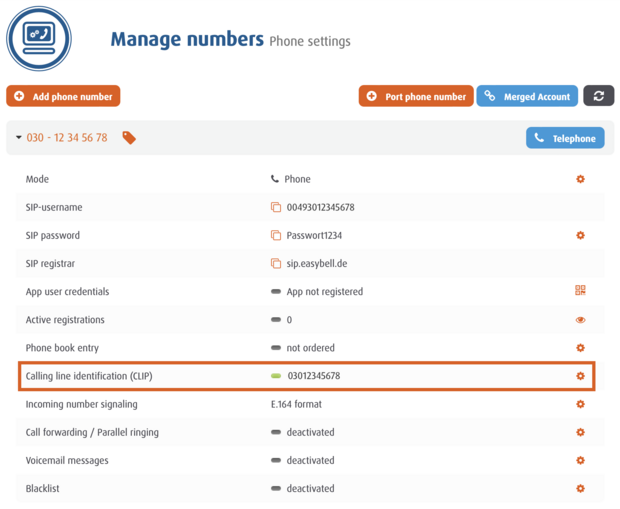 Easybell customer portal with caller ID (CLIP) enabled for managed phone number