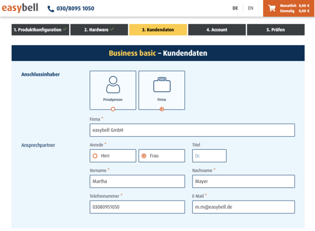 Eingabe der Kundendaten für Easybell Business basic mit Feldern für Firma, Ansprechpartner und Kontaktdaten