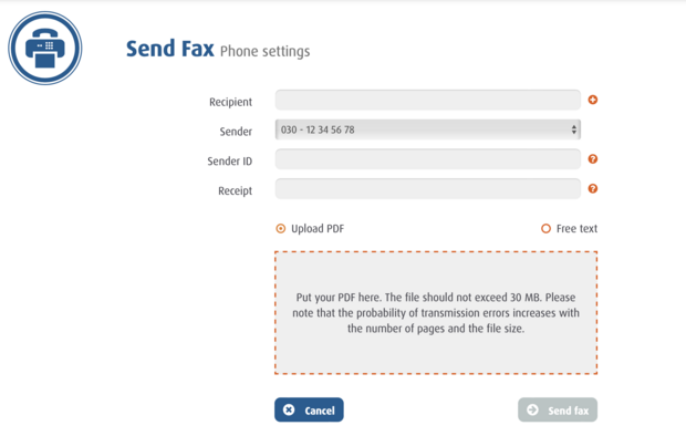 Fax interface with PDF upload feature and input fields for recipient and sender