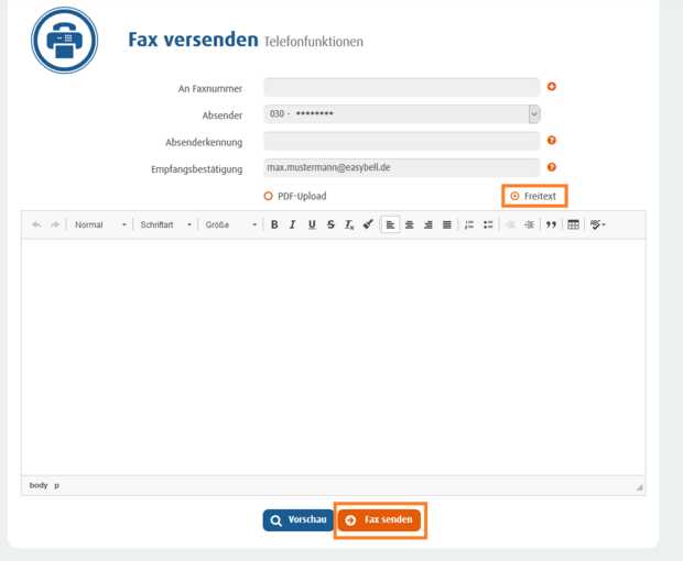 Faxversand mit aktivierter Freitext-Option und Eingabefeld für individuelle Nachricht