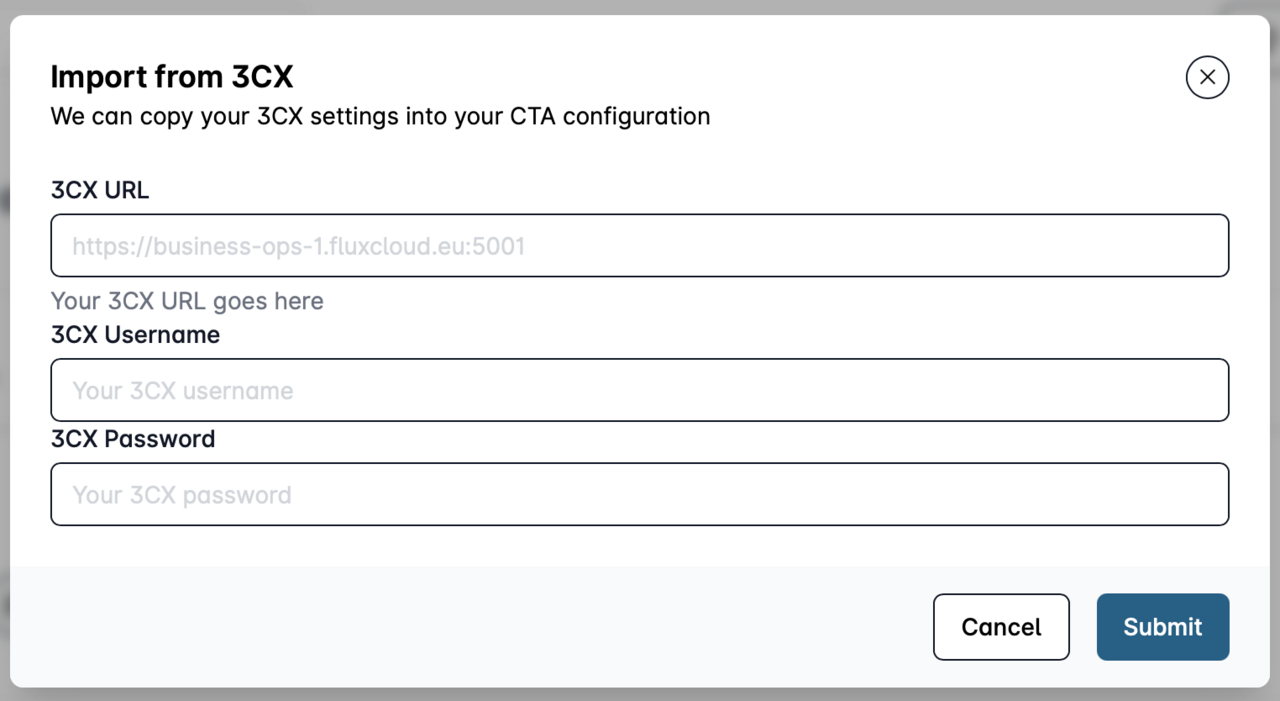 Import form for 3CX settings into the Easybell Cloud Telefonanlage with fields for URL, username and password