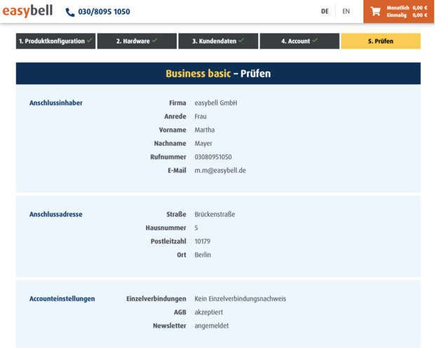 Prüfseite im Easybell Bestellprozess von Business basic mit Kundendaten, Anschlussadresse und Accounteinstellungen